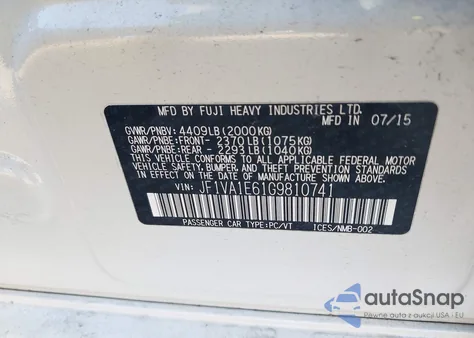 2016 Subaru Wrx Premium из США, поврежденный, VIN JF1VA1E61G9810741